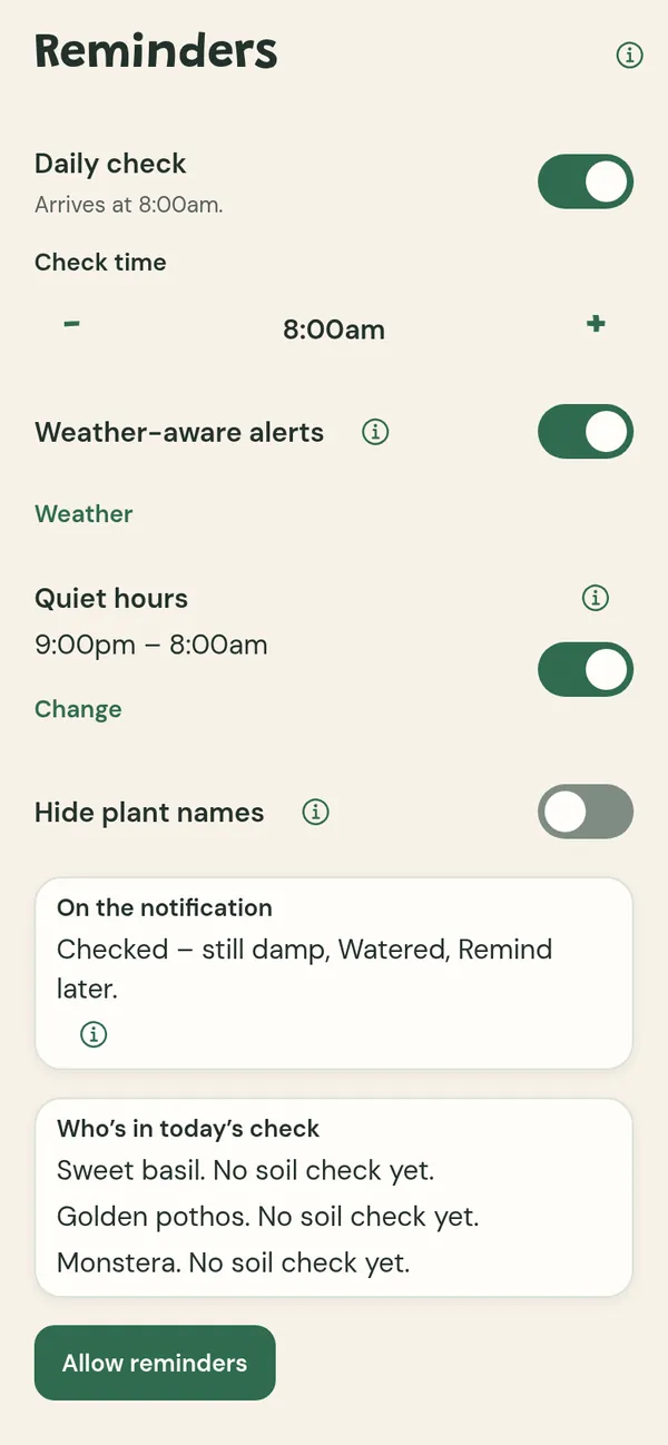Reminders settings: daily check time, weather-aware alerts, quiet hours, hide plant names, and who’s in today’s check.